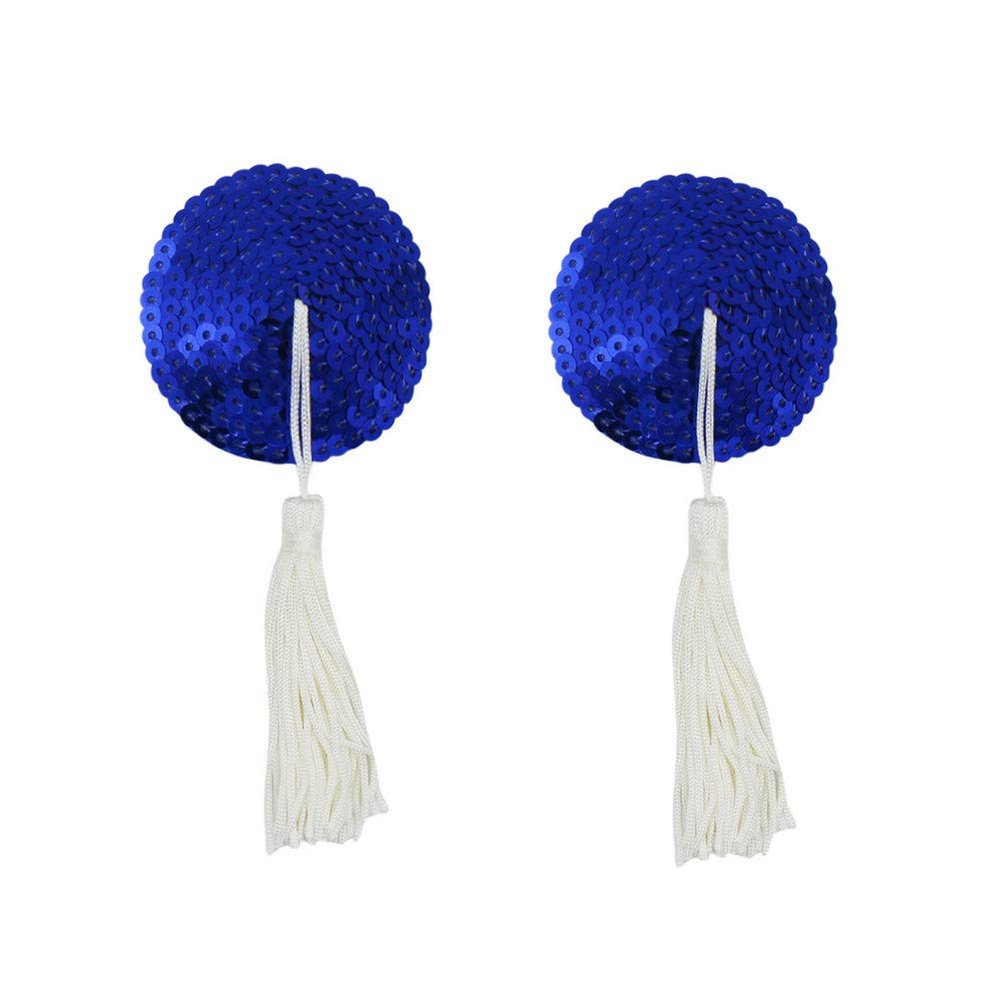 JUMISEE Reusable Adhesive Nipple Covers Pasties, Shiny Sequin Silicone Round-Shaped Breast Petals Bra with Tassel (Blue)