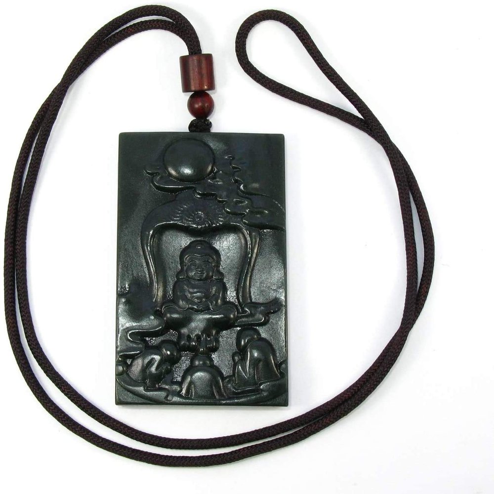 2.4" China Certified Nature Hetian Nephrite Jade Blessing Buddha Plate Necklace Pendant 3421