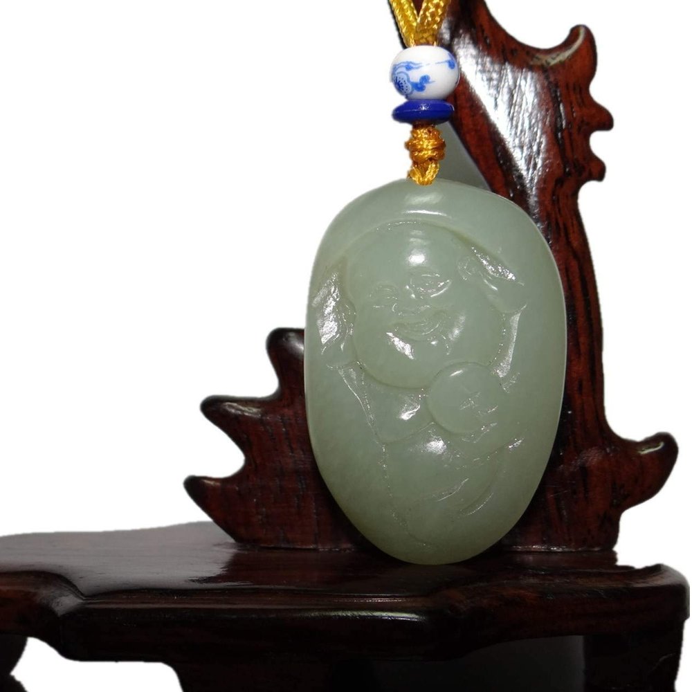 2.2" China Certified Nature Hetian Nephrite Jade Smart Blessing Buddha Hand Carved Necklace Pendant 2384