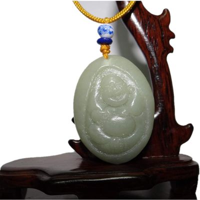 1.8" China Certified Nature Hetian Nephrite Jade Lucky Buddha Hand Carved Necklace Pendant 2385