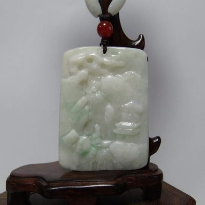 2.3" China Certified Grade A Nature Jadeite Jade Nice Landscape Hand Carved Necklace Pendant 0036