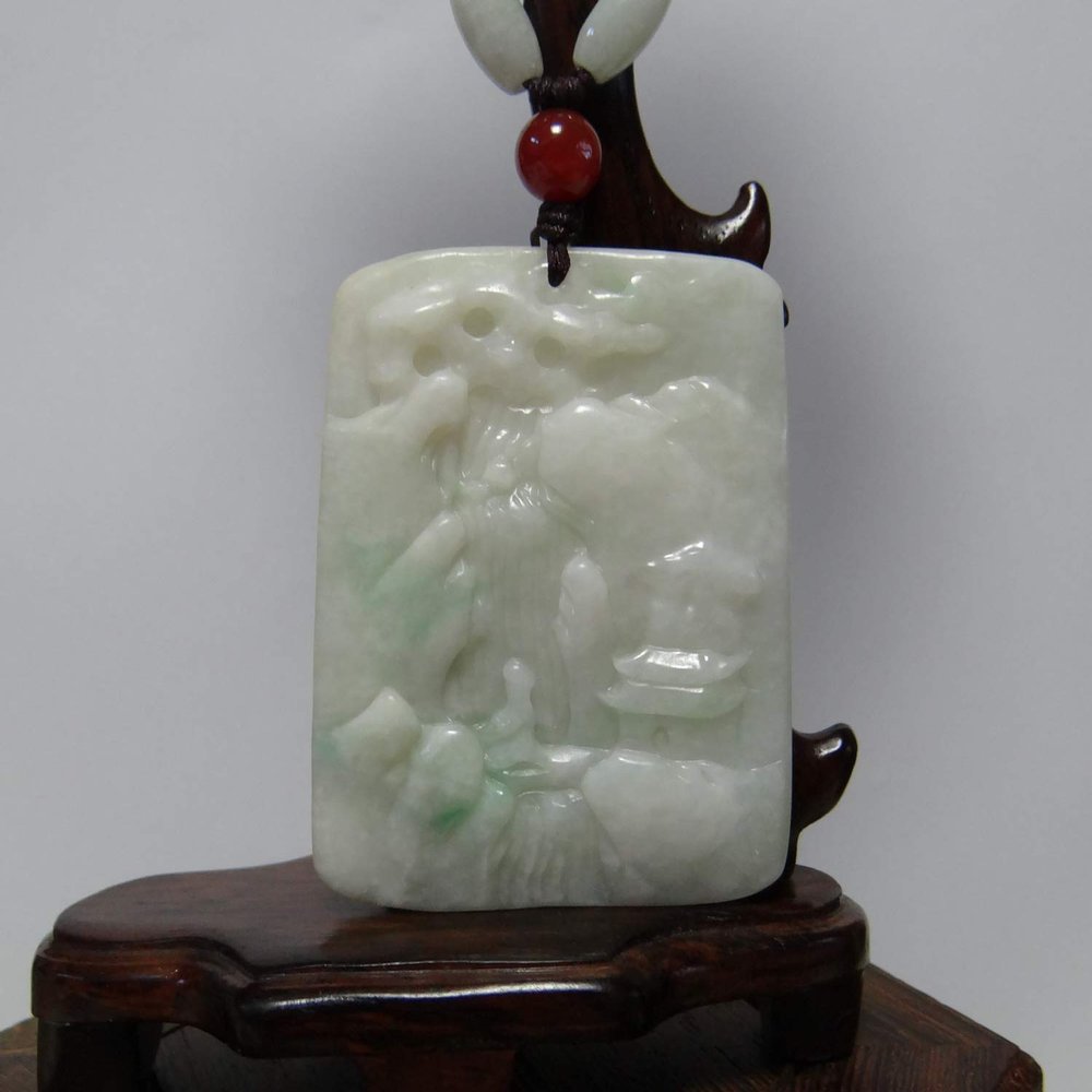 2.3" China Certified Grade A Nature Jadeite Jade Nice Landscape Hand Carved Necklace Pendant 0036