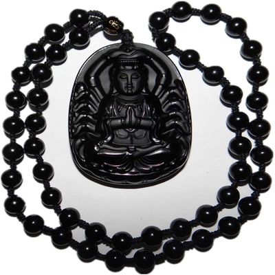 2.4" China Certified Nature Black Obsidian Jade Blessing Thousand-Hand Kwan-yin Necklace 8962