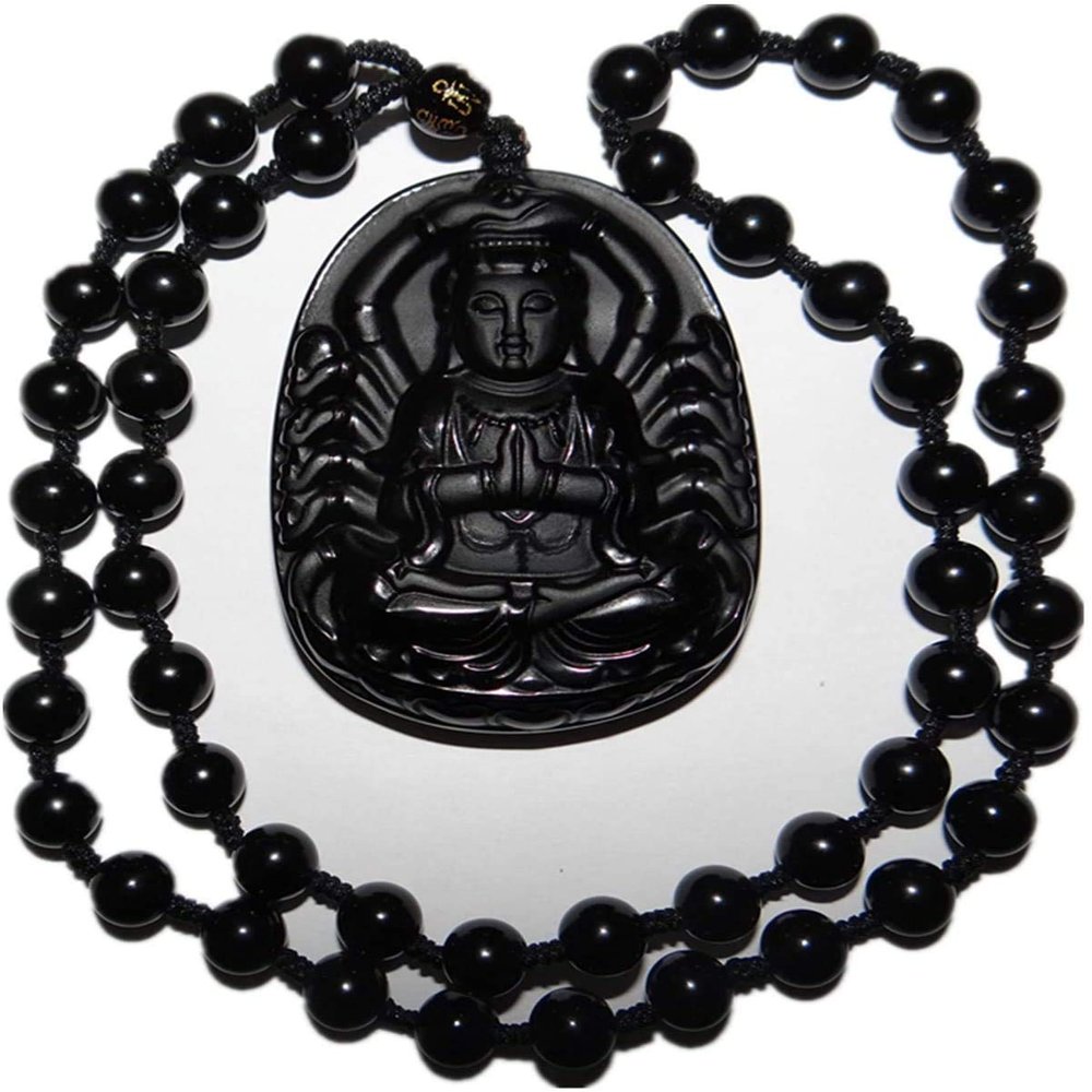 2.4" China Certified Nature Black Obsidian Jade Blessing Thousand-Hand Kwan-yin Necklace 8962