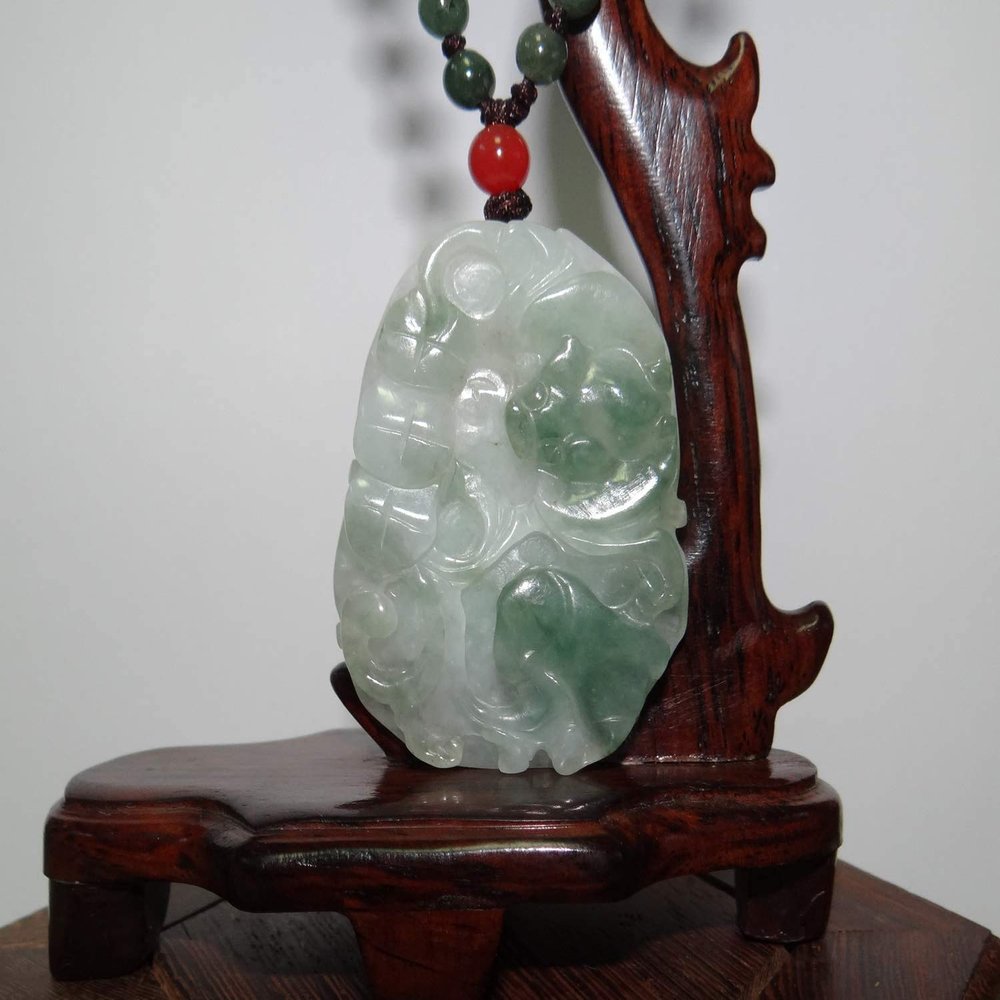 2" China Certified Grade A Nature Jadeite Jade Blessing Bat and Lotus Hand Carved Necklace Pendant 8582