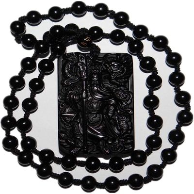 2.3" China Certified Nature Black Obsidian Jade Guangong Amulet Hand Made Necklace Pendants 8972