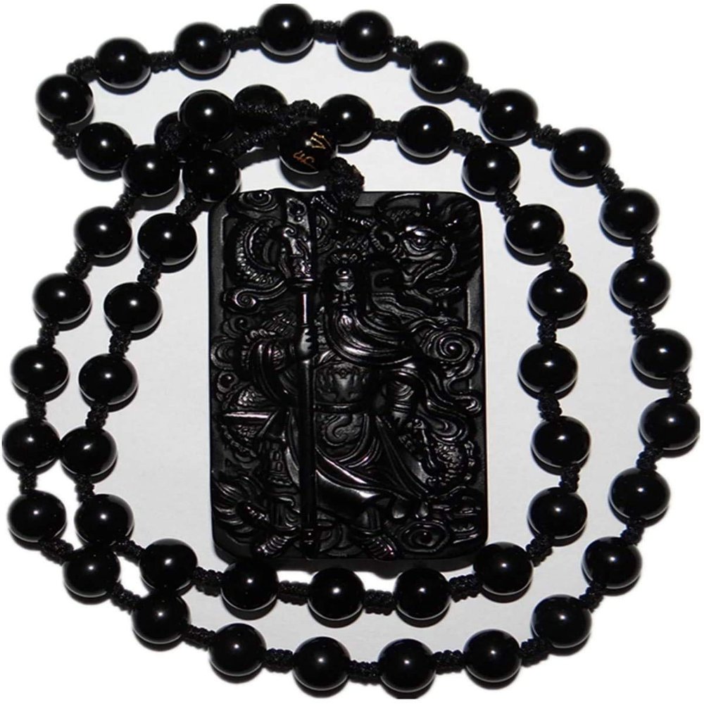 2.3" China Certified Nature Black Obsidian Jade Guangong Amulet Hand Made Necklace Pendants 8972