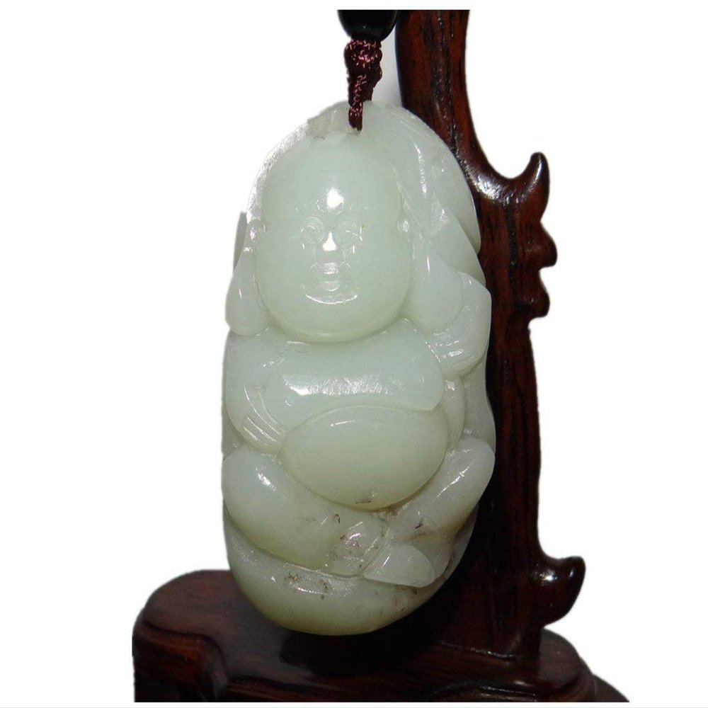 2.4" China Certified Nature Hetian Nephrite Jade Laughing Buddha Necklace Pendants