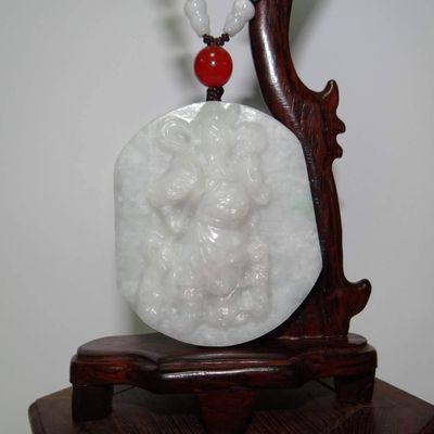 2.3" China Certified Grade A Nature Jadeite Jade Fortune Guangong Hand Carved Necklace Pendant 8500