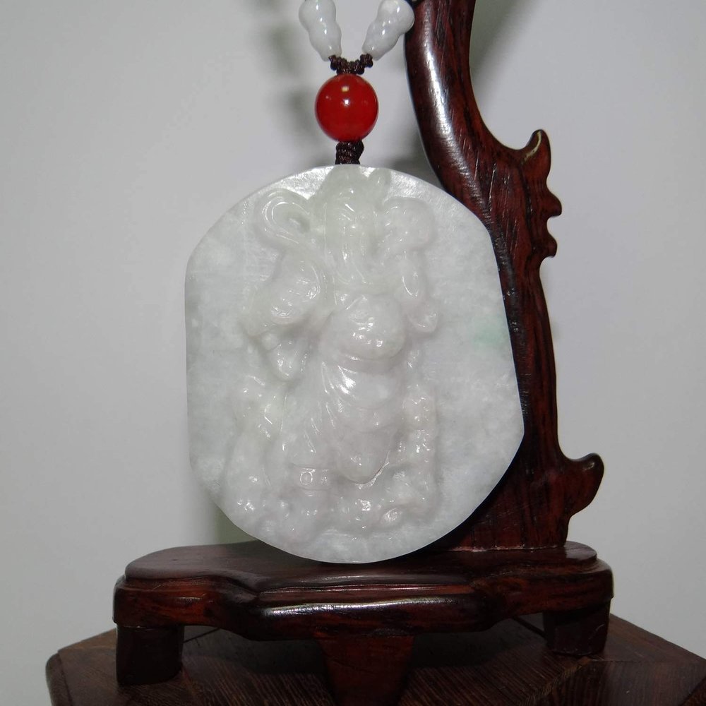 2.3" China Certified Grade A Nature Jadeite Jade Fortune Guangong Hand Carved Necklace Pendant 8500
