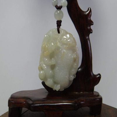 1.9" China Certified Grade A Nature Jadeite Jade Fortune Pixiu and Peanut Hand Carved Necklace Pendant 8509