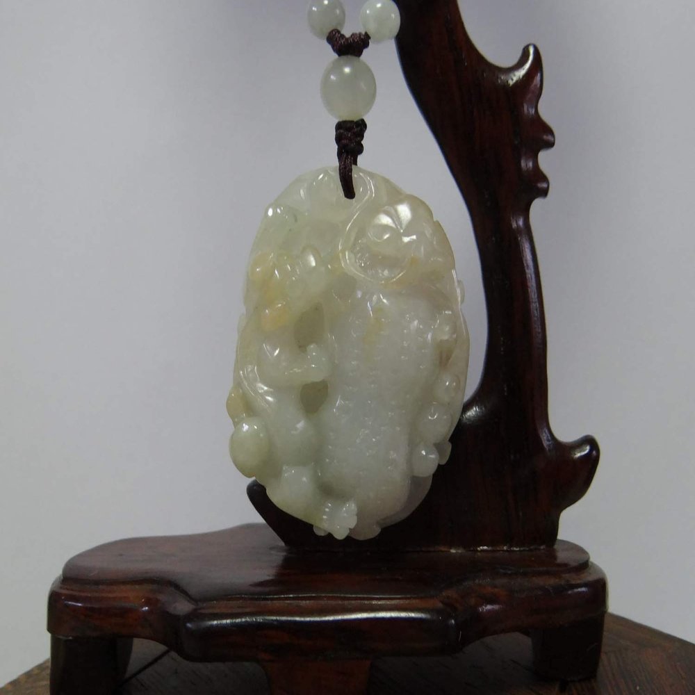 1.9" China Certified Grade A Nature Jadeite Jade Fortune Pixiu and Peanut Hand Carved Necklace Pendant 8509