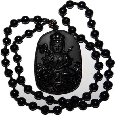 2.7" China Certified Nature Black Obsidian Jade Blessing Kwan-yin Hand Made Necklace Pendants 8950