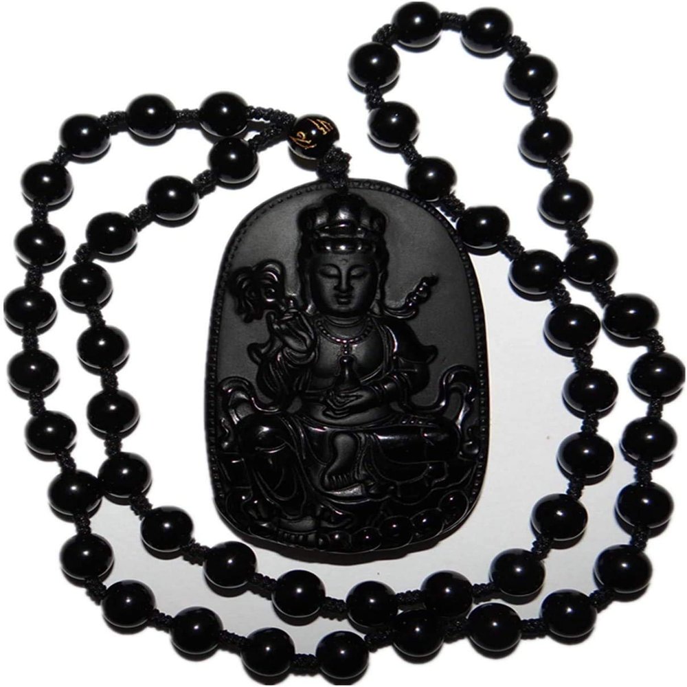 2.7" China Certified Nature Black Obsidian Jade Blessing Kwan-yin Hand Made Necklace Pendants 8950