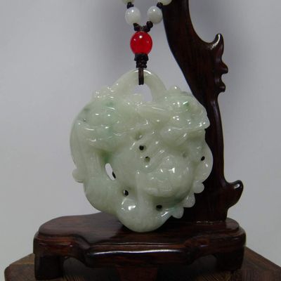 2.2" China Certified Grade A Nature Jadeite Jade Fortune Pixiu Double Hollow Carved Necklace Pendant 8586
