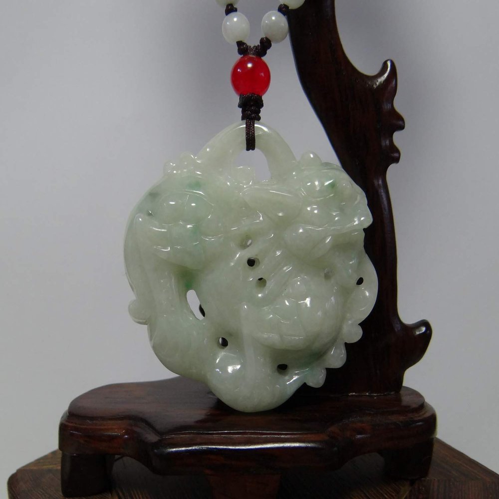 2.2" China Certified Grade A Nature Jadeite Jade Fortune Pixiu Double Hollow Carved Necklace Pendant 8586