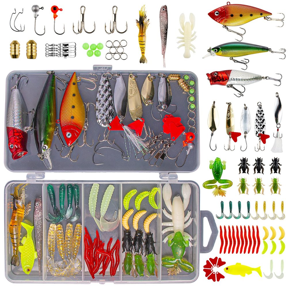 GOANDO Fishing Lures Kit for Freshwater Bait Tackle Kit for Bass Trout Salmon Fishing Accessories Tackle Box Including Spoon Lures Soft Plastic Worms Fishing Gifts (78)