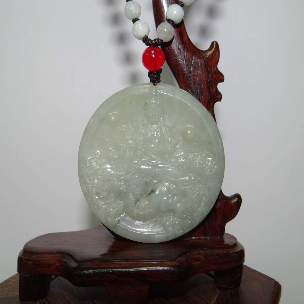 2.1" China Certified Grade A Nature Jadeite Jade Blessing Manjusri and Dragon Necklace Pendant 8570