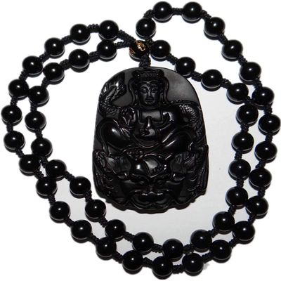 2.4" China Certified Nature Black Obsidian Jade Blessing Manjusri Buddisattva Necklace Pendants 8958