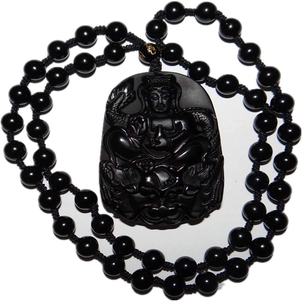 2.4" China Certified Nature Black Obsidian Jade Blessing Manjusri Buddisattva Necklace Pendants 8958