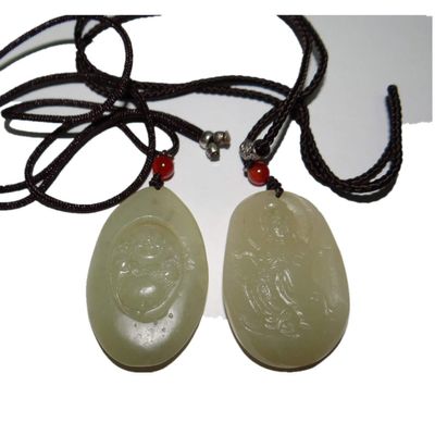 2" China Certified Nature Hetian Nephrite Jade Blessing Buddha and Kwan-yin Necklace Pendant 2382