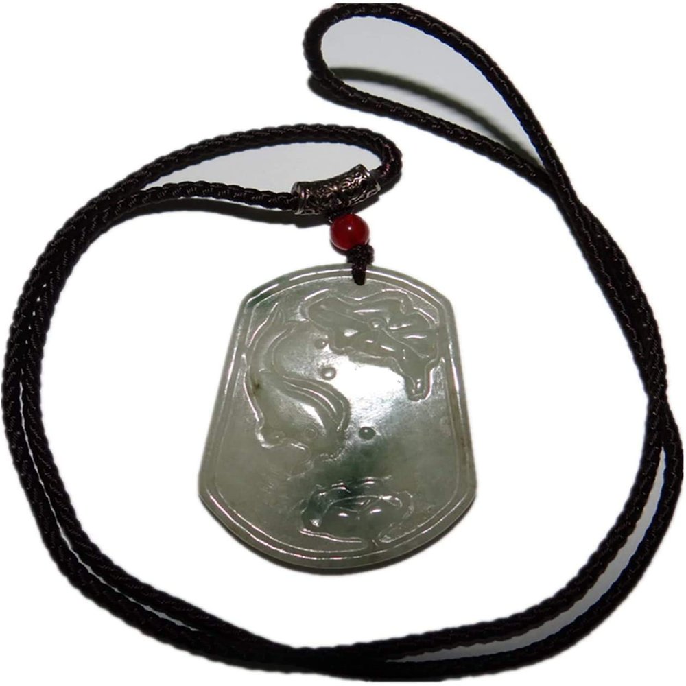 2" China Certified Grade A Nature Jadeite Jade Wealth Fish and Lotus Hand Carved Necklace Pendant 8587