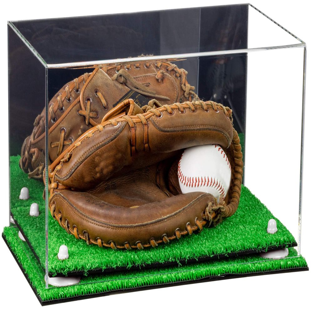 Better Display Cases Acrylic Baseball Catchers Glove Display Case with Mirror Case, White Risers and Turf Base (A011/V16)