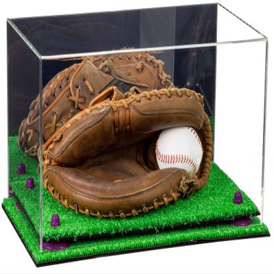 Better Display Cases Acrylic Baseball Catchers Glove Display Case with Mirror Case, Purple Risers and Turf Base (A011/V16)