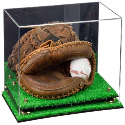 Better Display Cases Acrylic Baseball Catchers Glove Display Case with Mirror Case, Gold Risers and Turf Base (A011/V16)