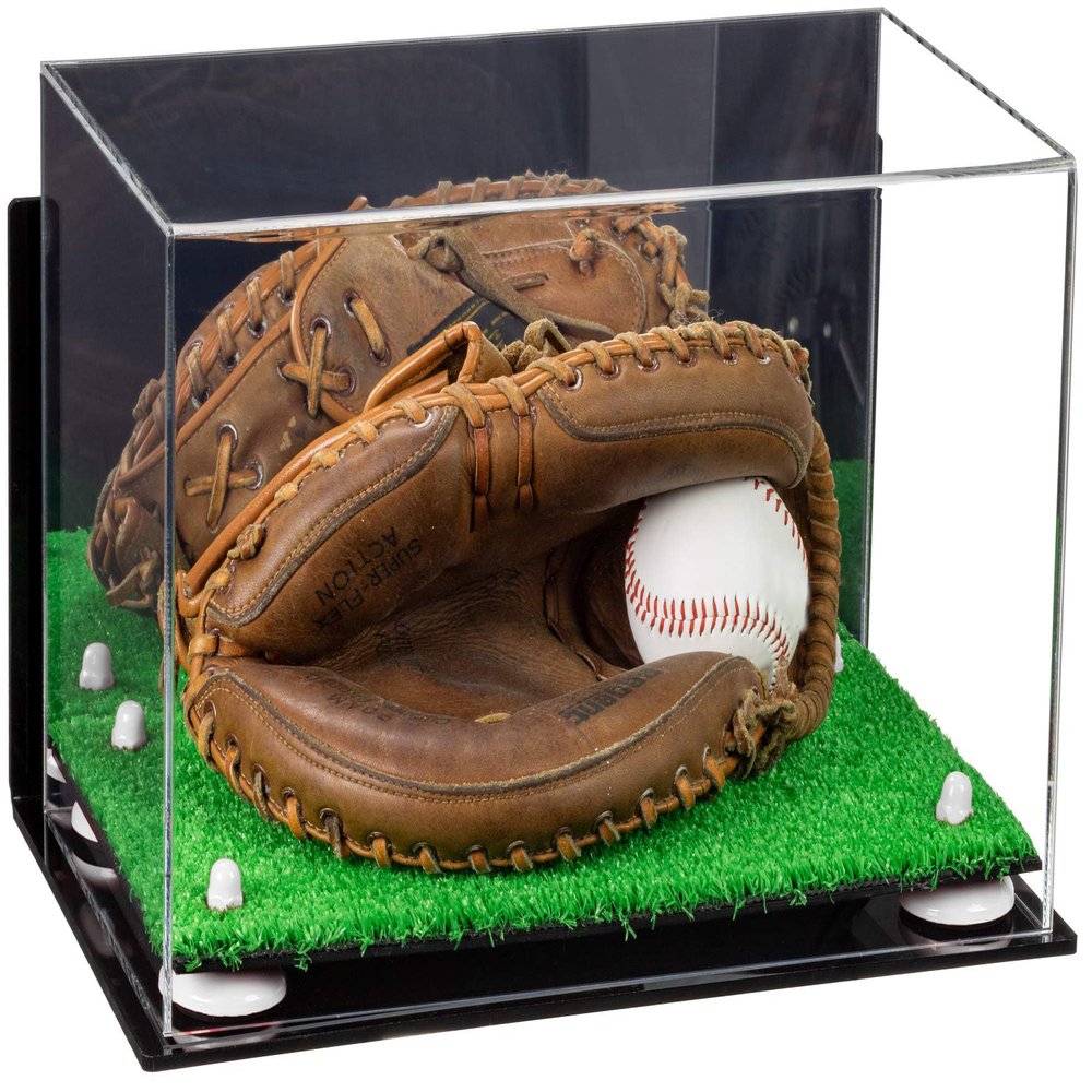 Better Display Cases Acrylic Base and Wall Mountball Catchers Glove Display Case with Mirror Case, White Risers, Turf Base and Wall Mount (A011/V16)