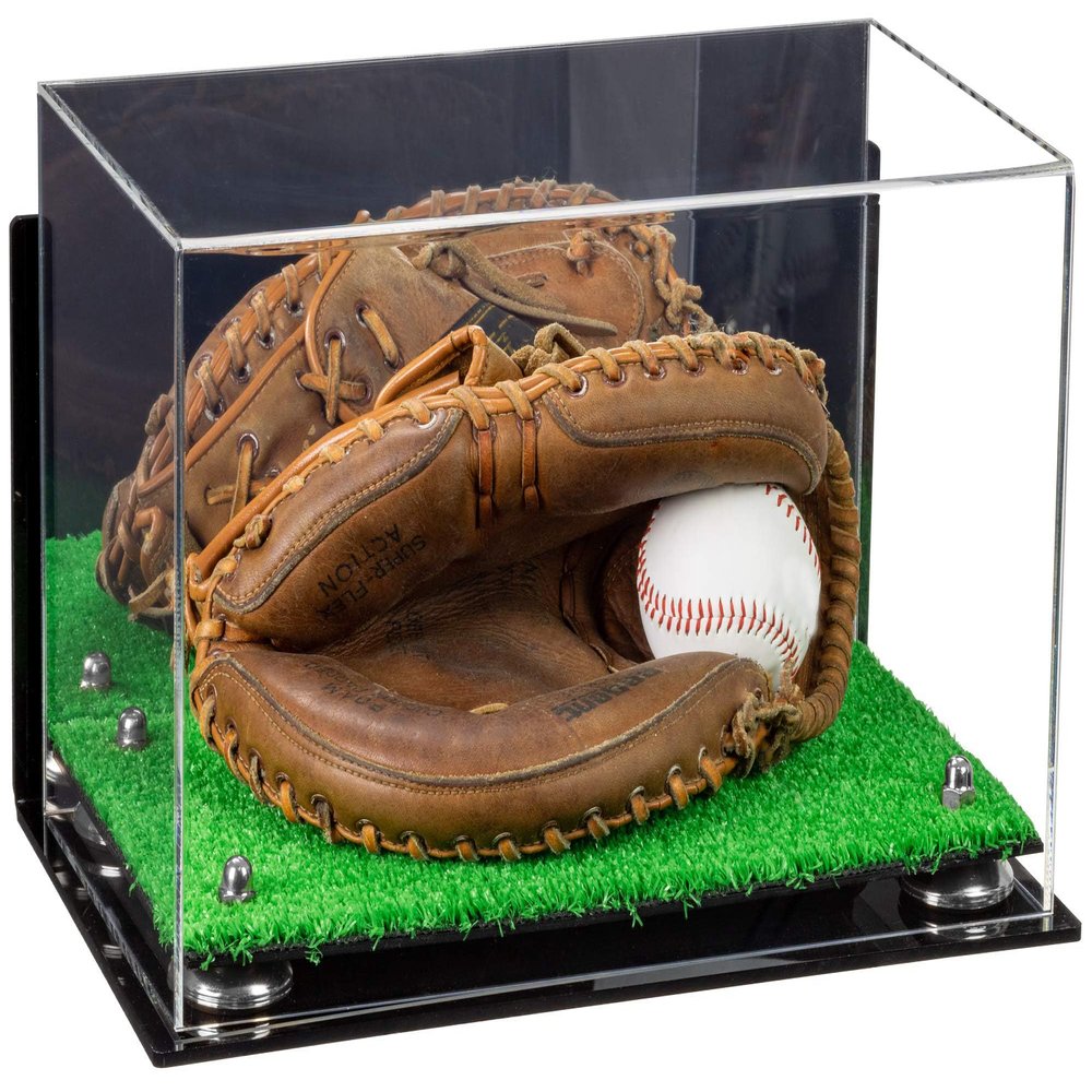 Better Display Cases Acrylic Base and Wall Mountball Catchers Glove Display Case with Mirror Case, Silver Risers, Turf Base and Wall Mount (A011/V16)