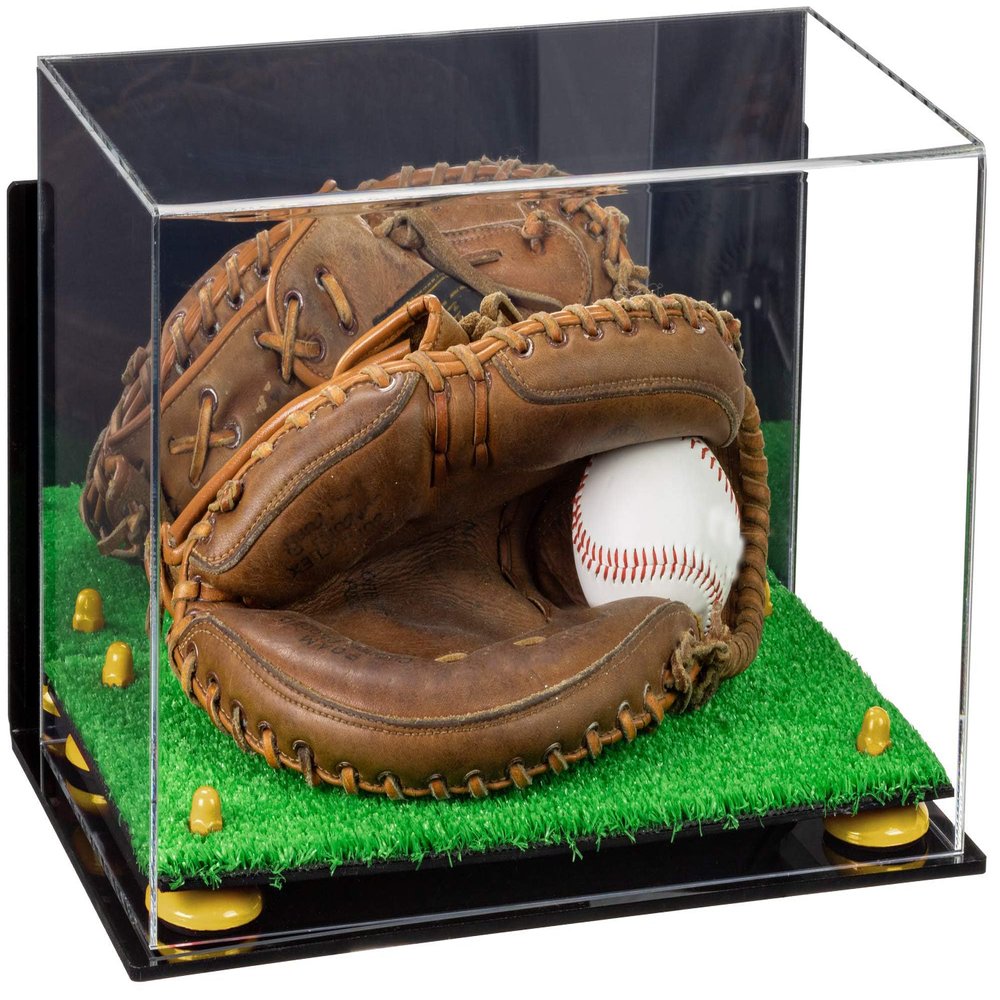 Better Display Cases Acrylic Base and Wall Mountball Catchers Glove Display Case with Mirror Case, Yellow Risers, Turf Base and Wall Mount (A011/V16)