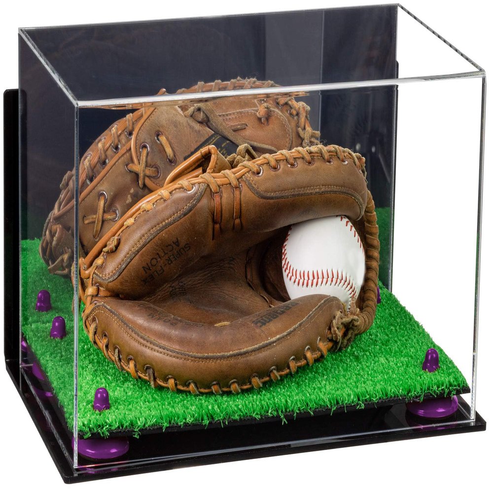 Better Display Cases Acrylic Base and Wall Mountball Catchers Glove Display Case with Mirror Case, Purple Risers, Turf Base and Wall Mount (A011/V16)