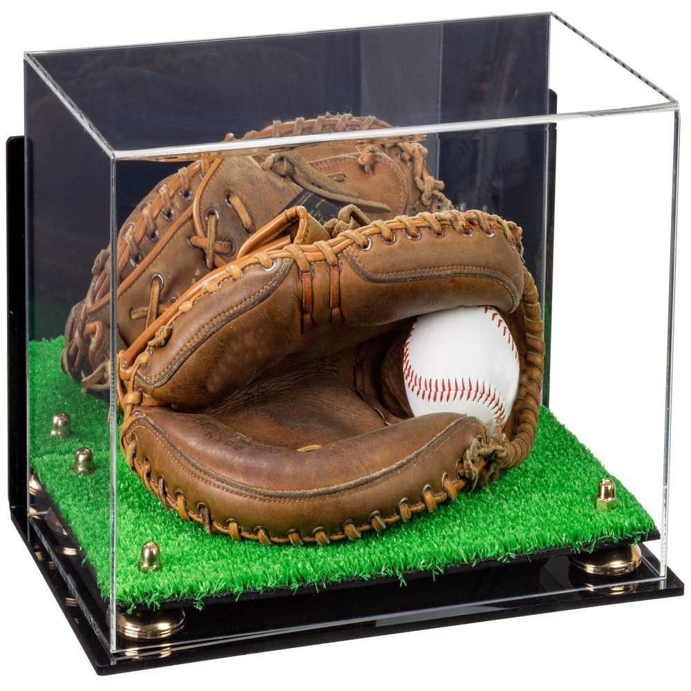 Better Display Cases Acrylic Base and Wall Mountball Catchers Glove Display Case with Mirror Case, Gold Risers, Turf Base and Wall Mount (A011/V16)