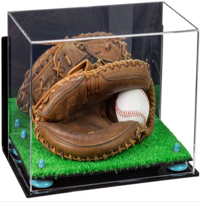 Better Display Cases Acrylic Base and Wall Mountball Catchers Glove Display Case with Mirror Case, Light Blue Risers, Turf Base and Wall Mount (A011/V16)