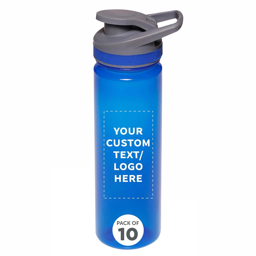DISCOUNT PROMOS Custom Sports Water Bottles 22 oz. Set of 10, Personalized Bulk Pack - Reusable, Leak proof, With lids - Blue