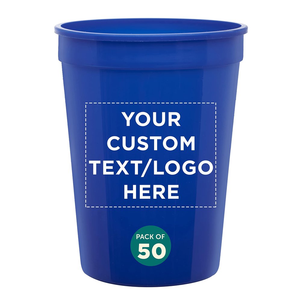 Custom Disposable Plastic Cups 12 oz. Set of 50, Personalized Bulk Pack - Perfect for Summer, Sporting Events, Birthdays, Weddings, Picnic, Beach, Parties - Reflex Blue