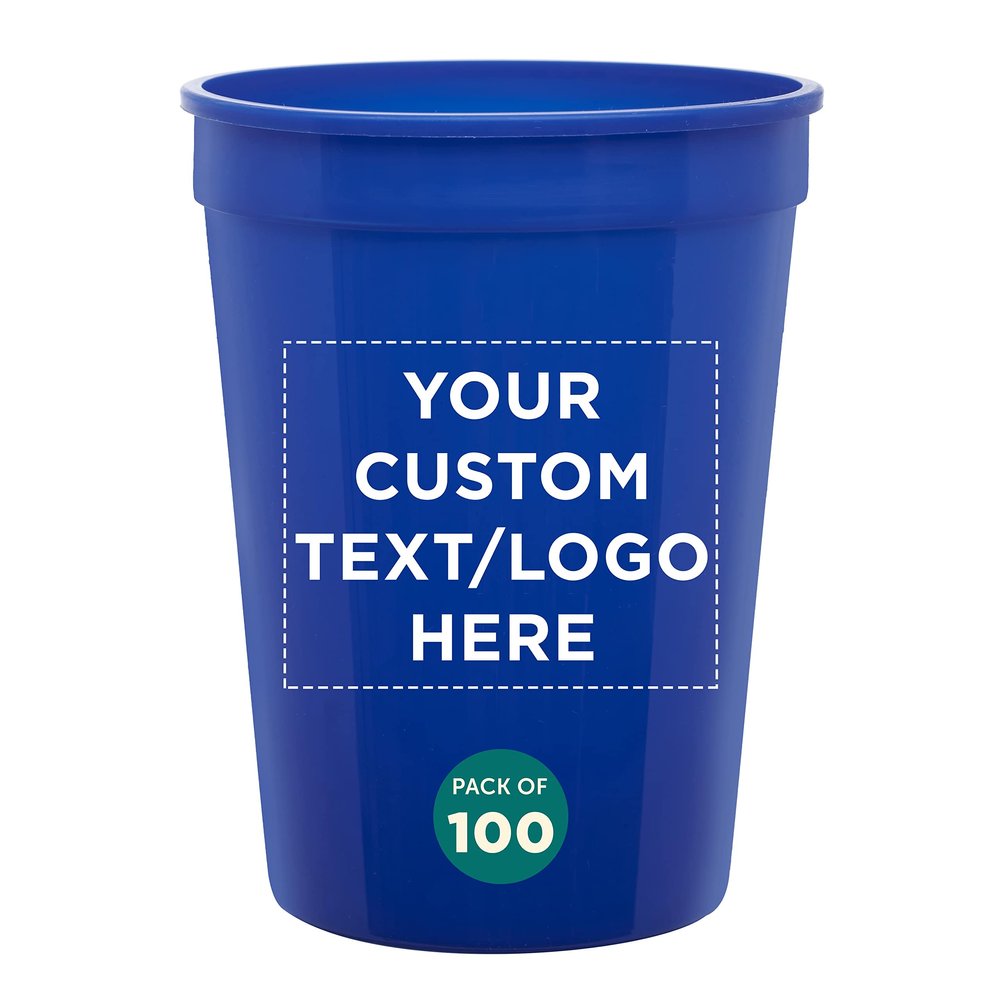Custom Disposable Plastic Cups 12 oz. Set of 100, Personalized Bulk Pack - Perfect for Summer, Sporting Events, Birthdays, Weddings, Picnic, Beach, Parties - Reflex Blue