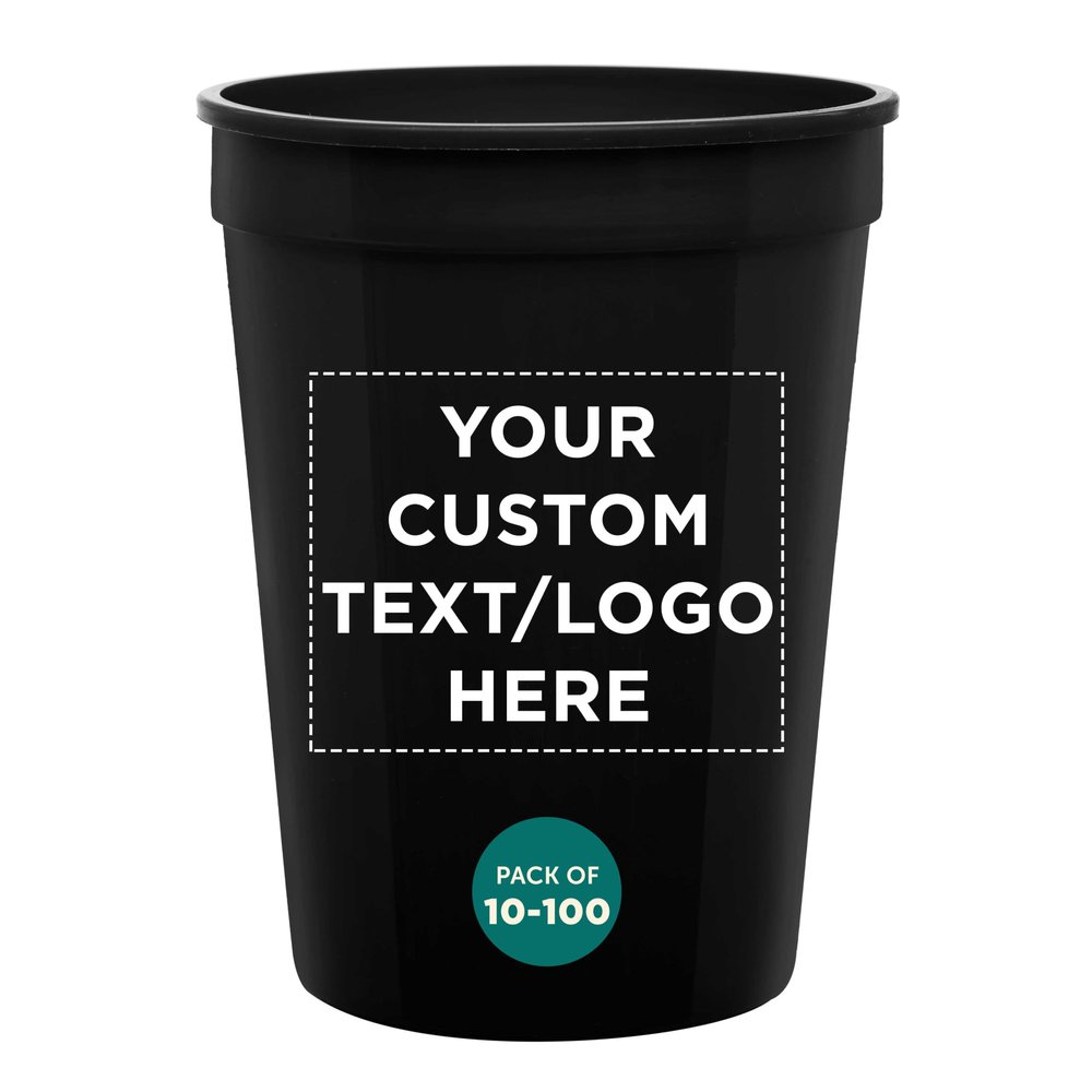 Custom Disposable Plastic Cups 12 oz. Set of 10/50/100, Personalized Bulk Pack - Perfect for Summer, Sporting Events, Birthdays, Weddings, Picnic, Beach, Parties - Black