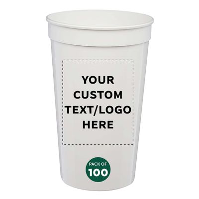 DISCOUNT PROMOS Custom Plastic Stadium Cups 22 oz. Set of 100, Personalized Bulk Pack - Perfect for Birthdays, Picnic, Beach, Parties - Translucent White