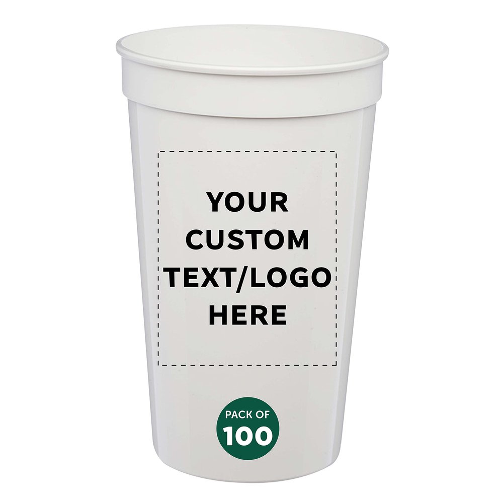 DISCOUNT PROMOS Custom Plastic Stadium Cups 22 oz. Set of 100, Personalized Bulk Pack - Perfect for Birthdays, Picnic, Beach, Parties - Translucent White
