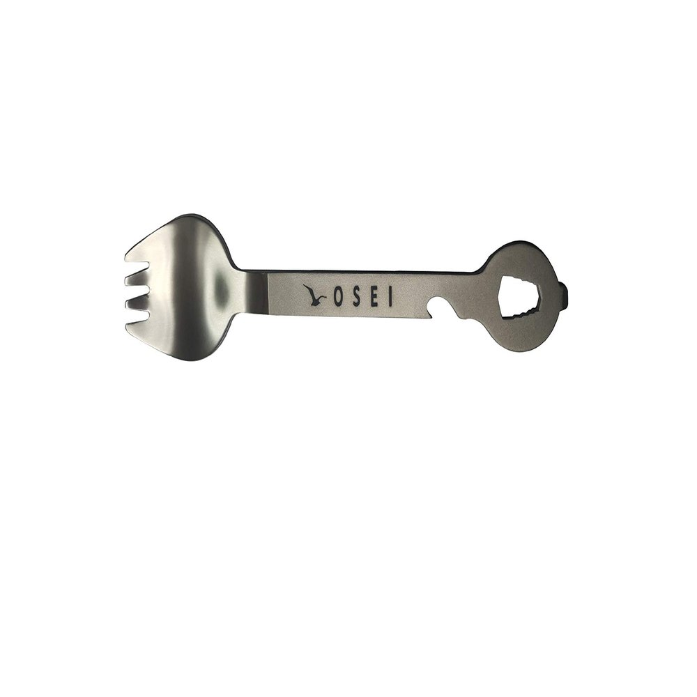 9 in 1 Long Titanium Camping Utensil. Features Spork, Wrench, Bottle Opener and Screw Driver. Designed by OSEI