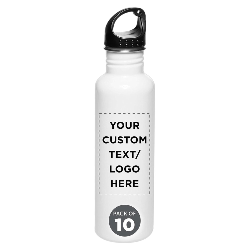 DISCOUNT PROMOS Custom Stainless Steel Water Bottles 26 oz. Set of 10, Personalized Bulk Pack - Reusable, Leak Proof, Perfect for Gym, Hiking, Camping, Outdoor Sports - White