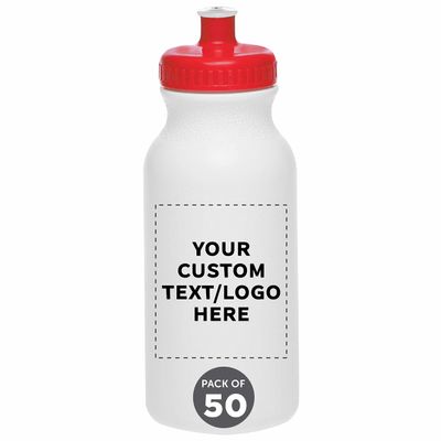 DISCOUNT PROMOS Custom White Water Bottles with Push Cap -50 pack, Customizable Text, Logo, 20 oz, Reusable BPA FREE Squeezable Bottles in Bulk, White Red