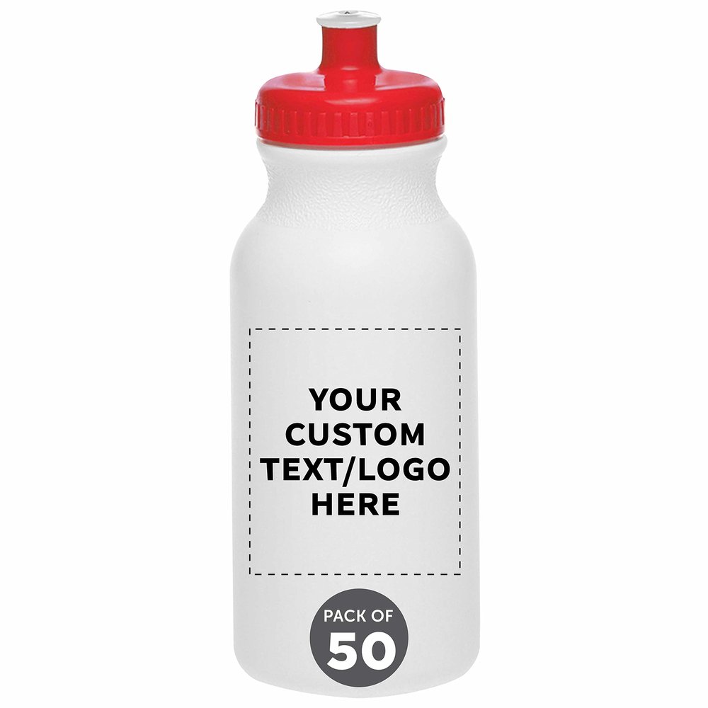 DISCOUNT PROMOS Custom White Water Bottles with Push Cap -50 pack, Customizable Text, Logo, 20 oz, Reusable BPA FREE Squeezable Bottles in Bulk, White Red