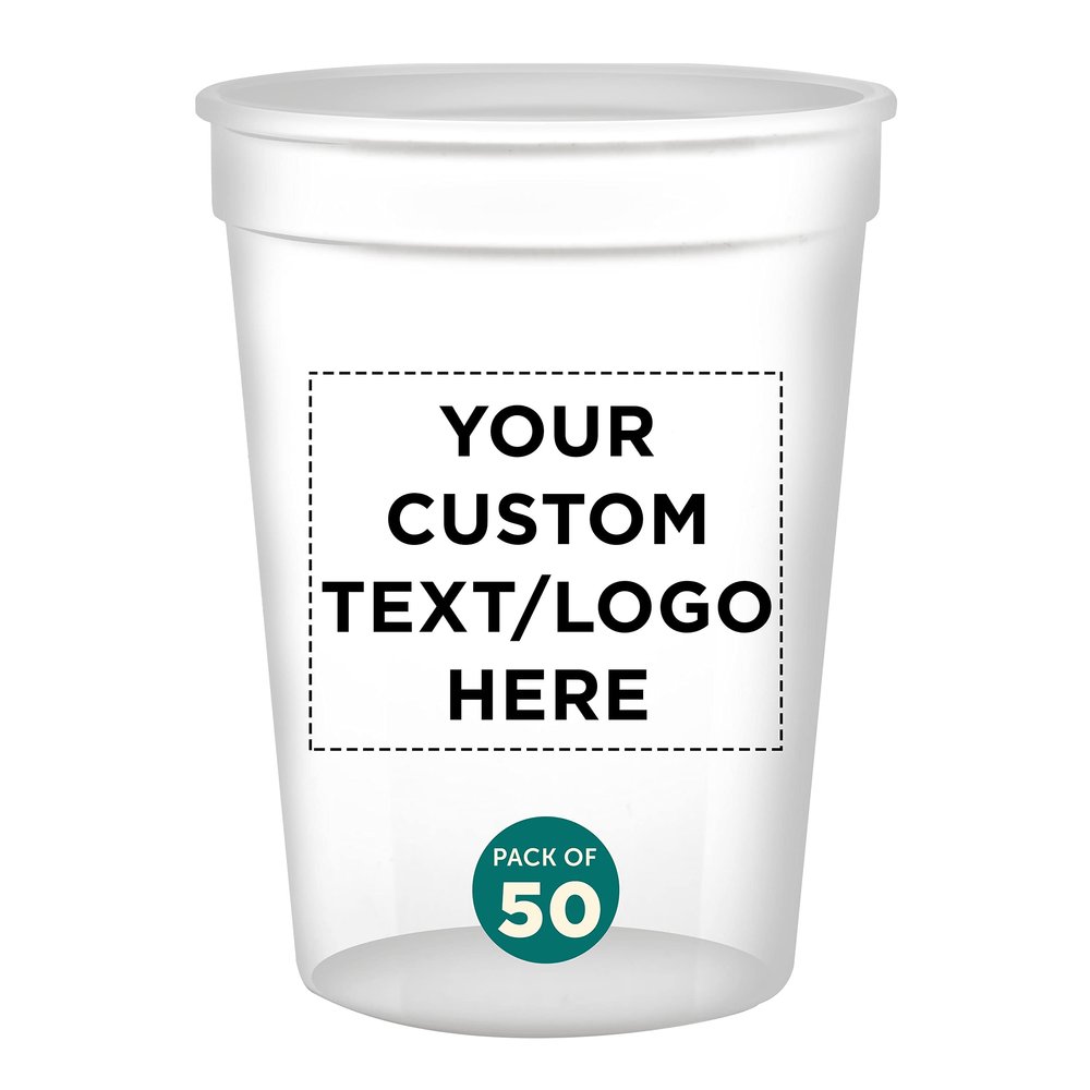 Custom Disposable Plastic Cups 12 oz. Set of 50, Personalized Bulk Pack - Perfect for Summer, Sporting Events, Birthdays, Weddings, Picnic, Beach, Parties - Clear