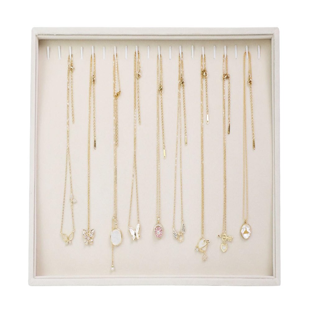 Stratalife Necklace Organizer Stackable Jewelry Organizer 20 Hooks Large Jewelry Tray Necklaces Holder Bracelet Storage for Women Girls Velvet (Beige Necklace Tray)