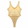 QinCiao Women's Wet Look Leather One Piece Leotard Solid Tank Swimsuit Thongs Swimwear Gold Medium view 4