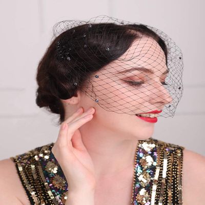 Aimimier Bridal Short Veil with Pearl Comb 1920s Flapper Fascinator Mesh Birdcage Veil for Wedding (Black)