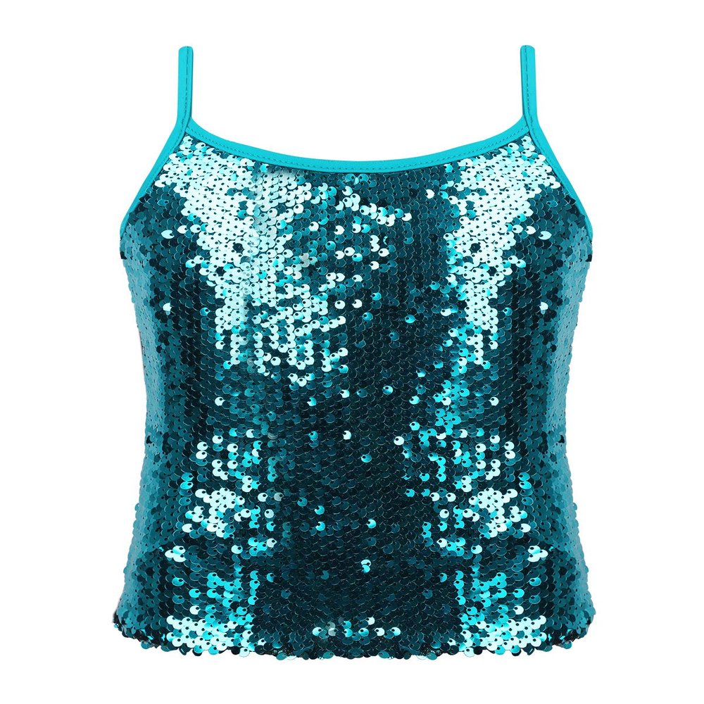 Hansber Girls Ballet Dance Tank Tops Sequined Dancewear Camisole Sequined Tops Sports Cami Shirts Lake_Blue 12